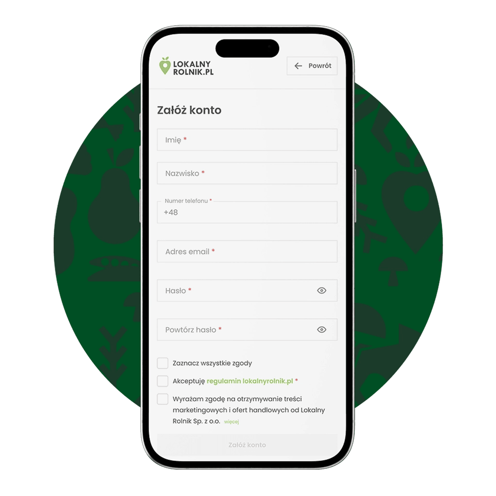 Widok ekranu rejestracji na stronie LokalnyRolnik.pl